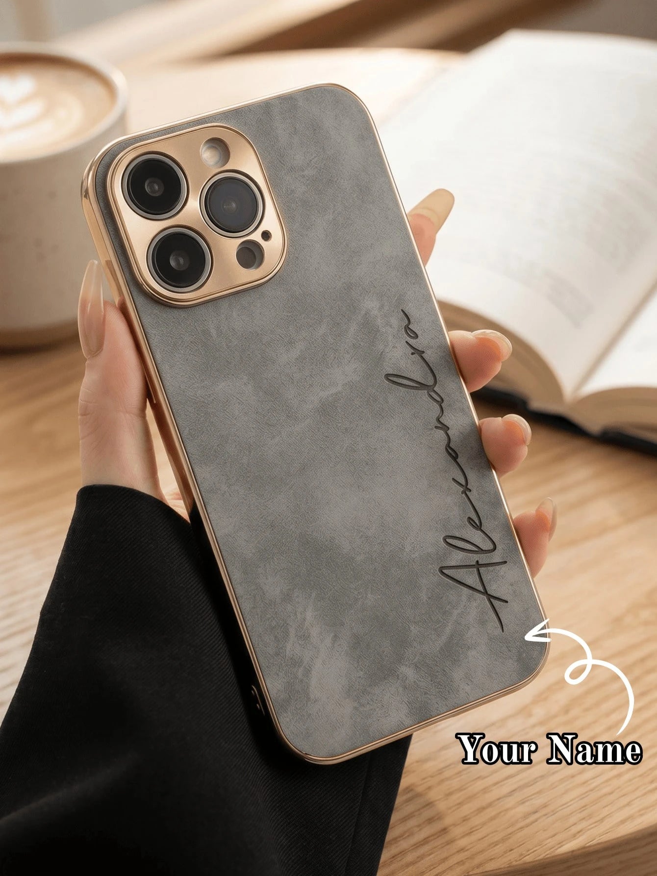 Custom Gold Foil Initials Monogram Faux Leather Phone Case, Electroplated Frame Personalized Engraved Shockproof Protective Cover Compatible WIth IPhone 17 16 15 14 13 12 11 Pro Max Plus, Minimal Luxu