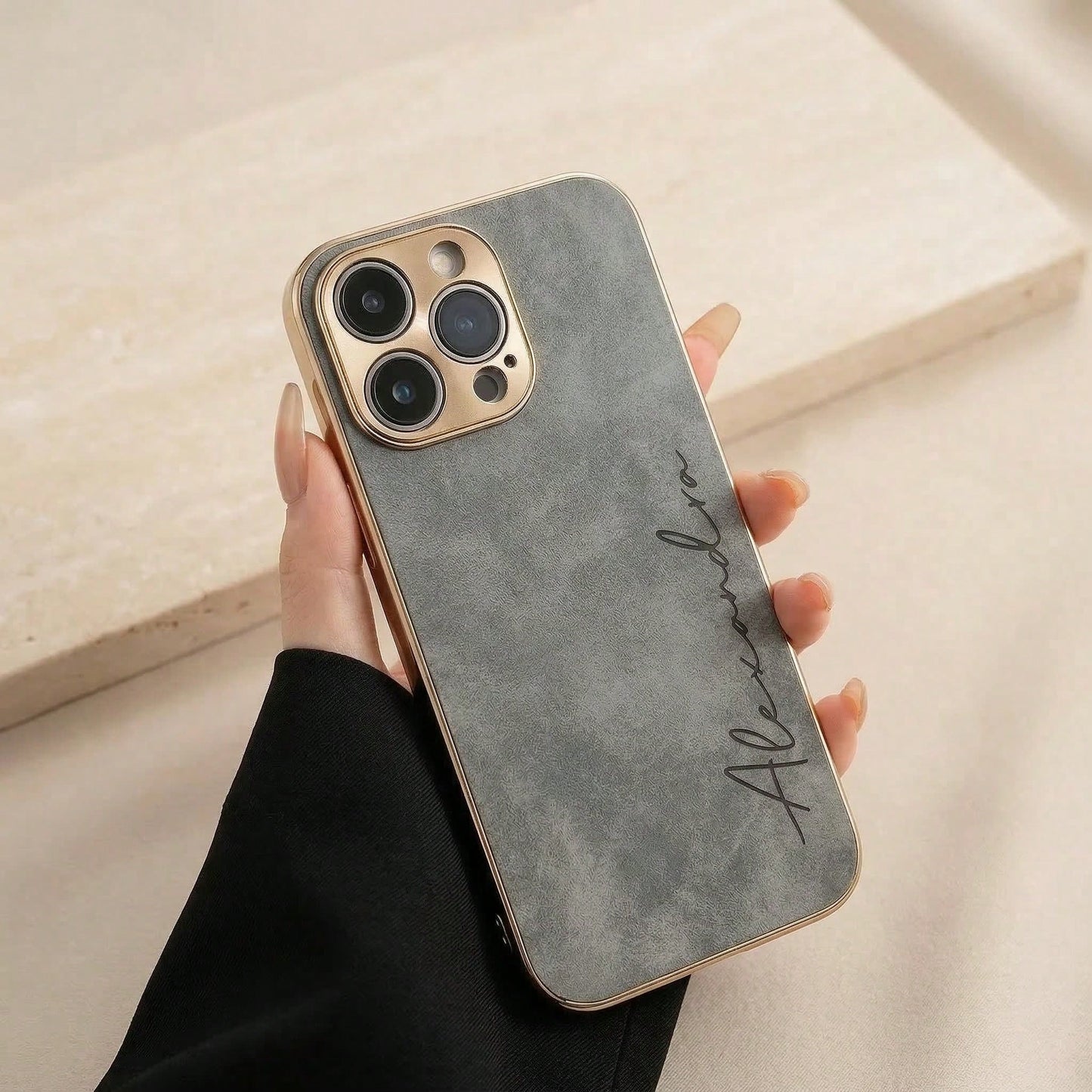 Custom Gold Foil Initials Monogram Faux Leather Phone Case, Electroplated Frame Personalized Engraved Shockproof Protective Cover Compatible WIth IPhone 17 16 15 14 13 12 11 Pro Max Plus, Minimal Luxu