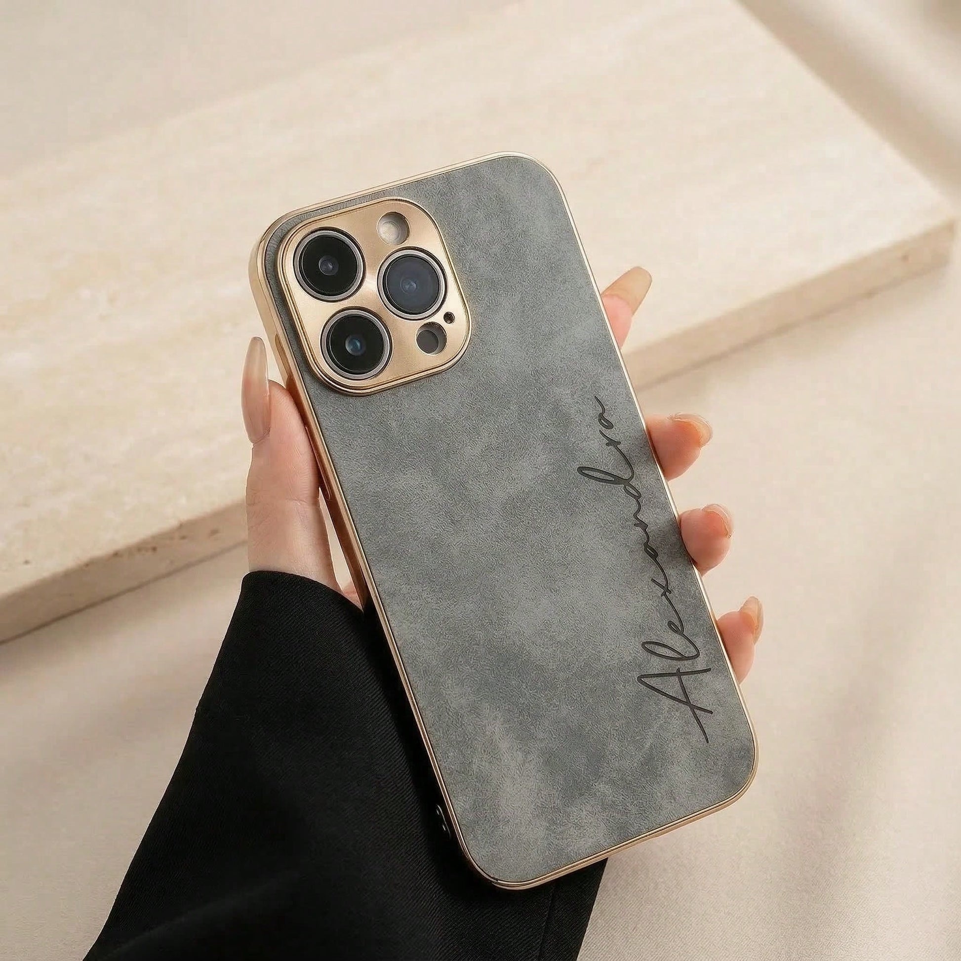 Custom Gold Foil Initials Monogram Faux Leather Phone Case, Electroplated Frame Personalized Engraved Shockproof Protective Cover Compatible WIth IPhone 17 16 15 14 13 12 11 Pro Max Plus, Minimal Luxu