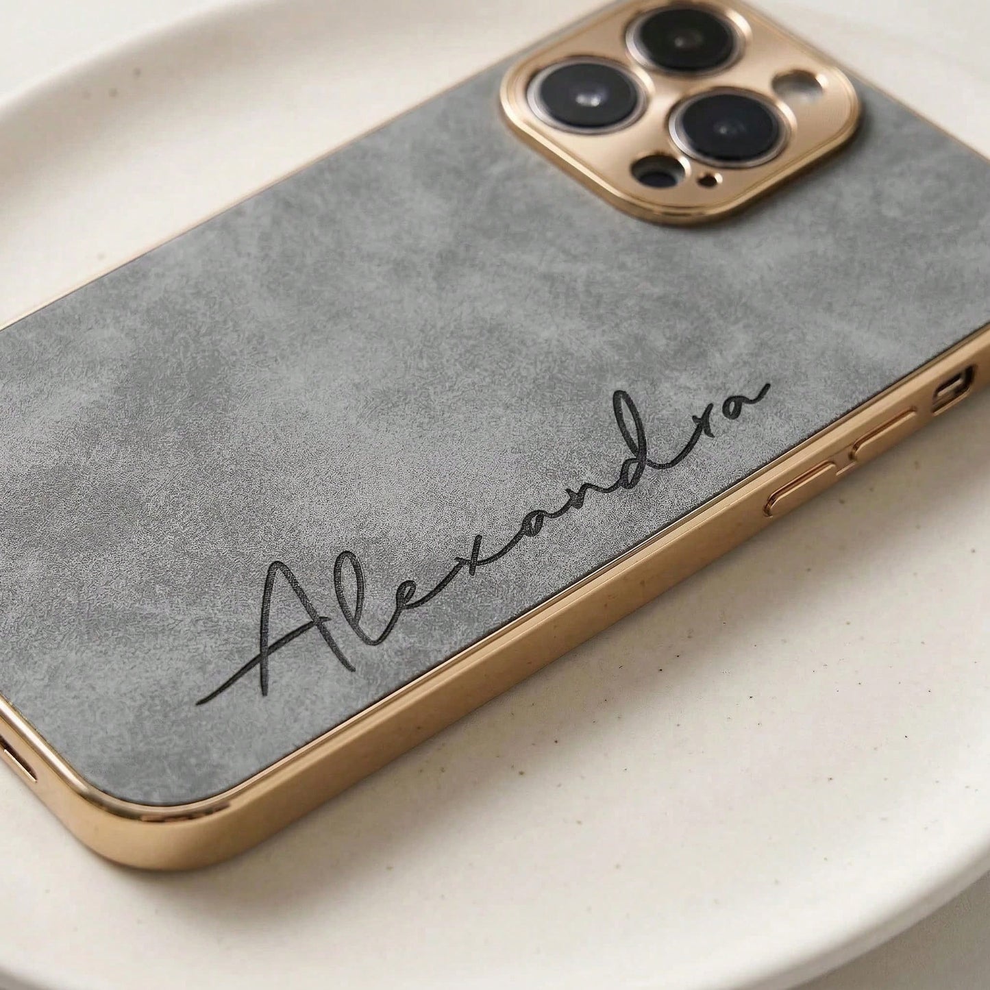 Custom Gold Foil Initials Monogram Faux Leather Phone Case, Electroplated Frame Personalized Engraved Shockproof Protective Cover Compatible WIth IPhone 17 16 15 14 13 12 11 Pro Max Plus, Minimal Luxu