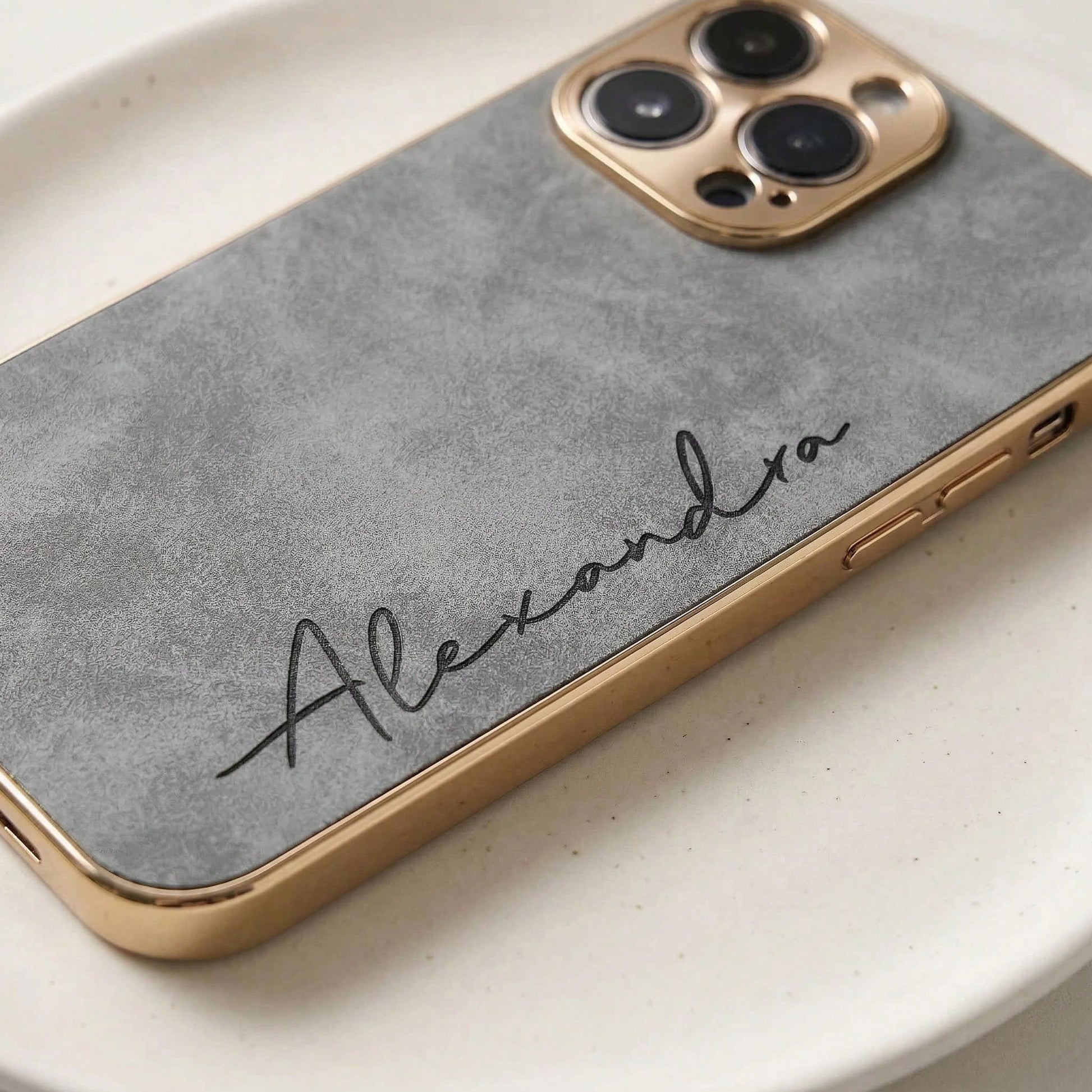 Custom Gold Foil Initials Monogram Faux Leather Phone Case, Electroplated Frame Personalized Engraved Shockproof Protective Cover Compatible WIth IPhone 17 16 15 14 13 12 11 Pro Max Plus, Minimal Luxu