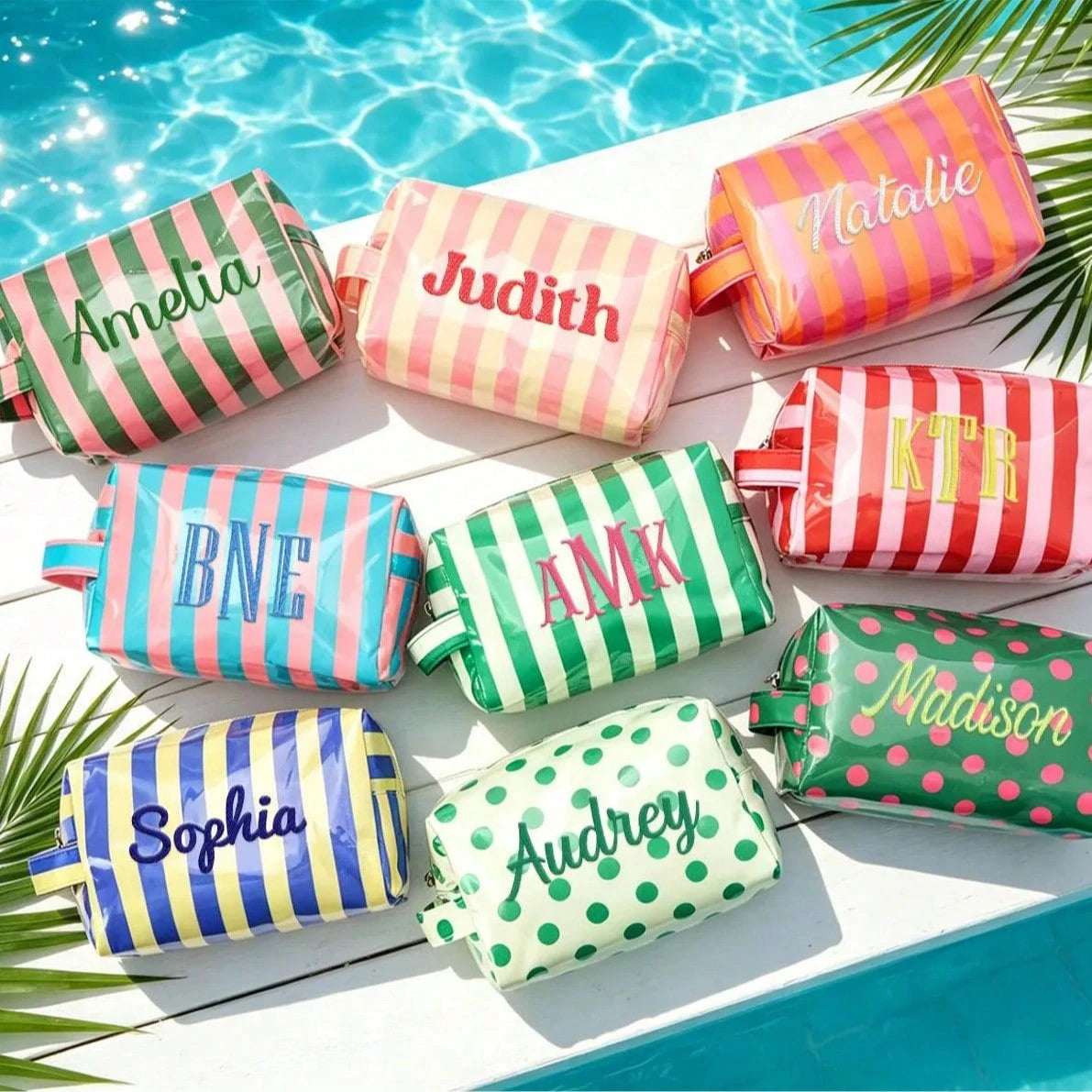 Custom Striped Toiletry Bag, Personalized Travel Storage Bag, Waterproof Name Makeup Organizer, Travel Makeup Bag, Vacation Gift, Waterproof Storage Bag, Summer Storage Bag, Personalized Storage Bag