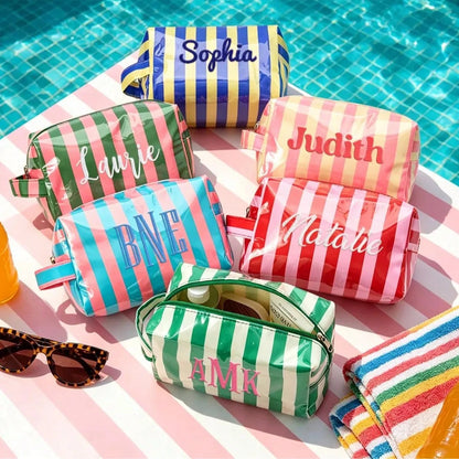 Custom Striped Toiletry Bag, Personalized Travel Storage Bag, Waterproof Name Makeup Organizer, Travel Makeup Bag, Vacation Gift, Waterproof Storage Bag, Summer Storage Bag, Personalized Storage Bag