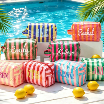 Custom Striped Toiletry Bag, Personalized Travel Storage Bag, Waterproof Name Makeup Organizer, Travel Makeup Bag, Vacation Gift, Waterproof Storage Bag, Summer Storage Bag, Personalized Storage Bag