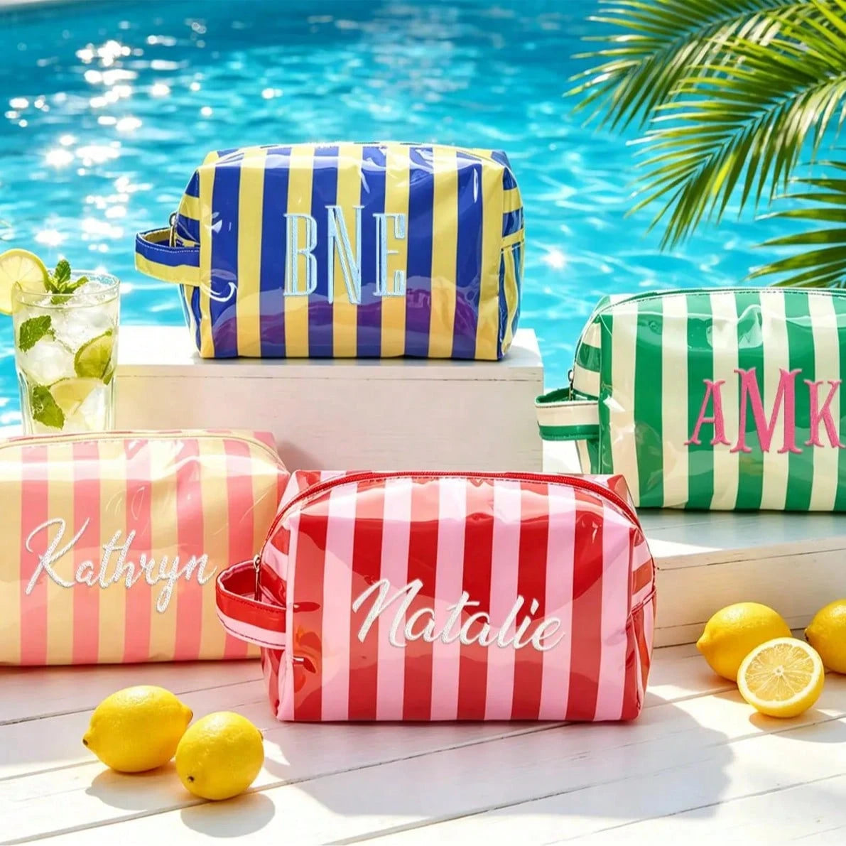 Custom Striped Toiletry Bag, Personalized Travel Storage Bag, Waterproof Name Makeup Organizer, Travel Makeup Bag, Vacation Gift, Waterproof Storage Bag, Summer Storage Bag, Personalized Storage Bag