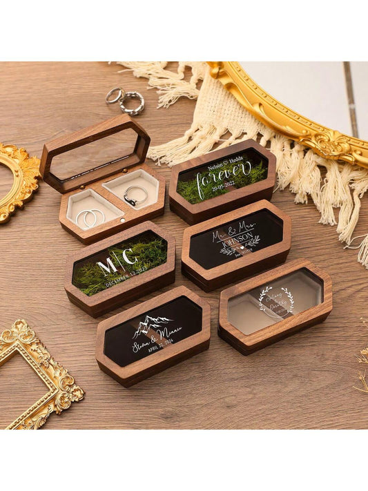 Custom Wood Wedding Ceremony Ring Case, Acrylic-Lid Wood Ring, Ring Bearer Ring Box, Ring Box For Wedding Ceremony, Anniversary Gift 1pc Space-Saving Exquisite, Stylish, High-Quality, Vintage, Tidy Cu