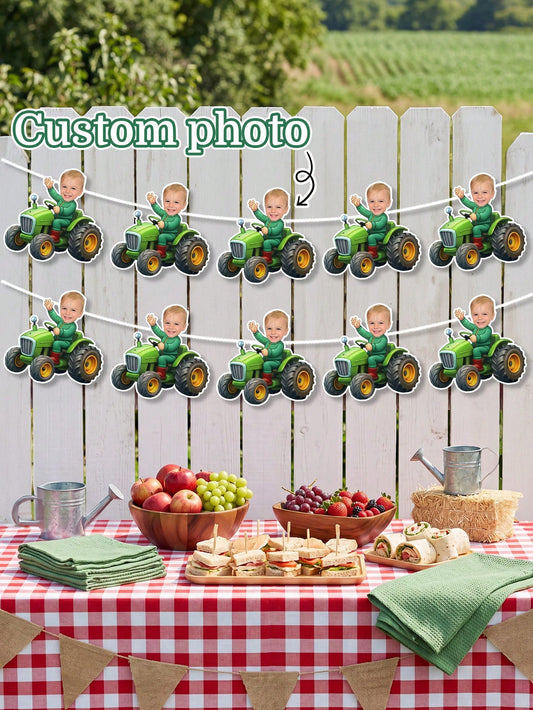 Customized Children's Face Green Tractor Banner, Country Farm Vehicle, Boy Toddler Decoration Garland, 1st Birthday Party Decor, Baby Shower, Pastoral Style Photography Backdrop