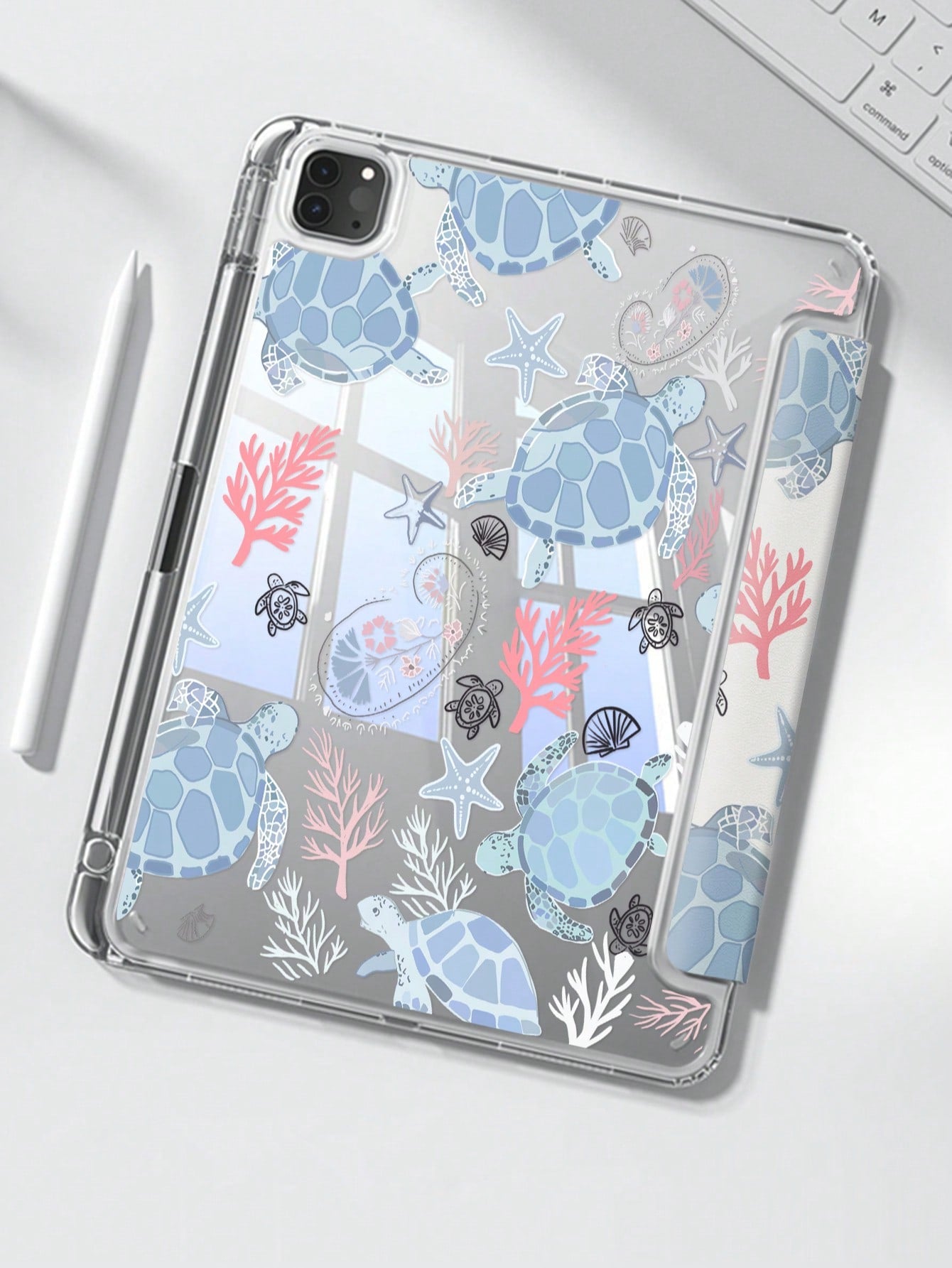 Cute Blue Sea Turtle Acrylic Transparent Crystal Backplate Double-Sided Shock-Absorbing Case Compatible With 7th And 8th Generation (10.2-Inch) 10th Generation Protective Case Built-In Pencil Slot Sup