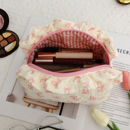 Cute Bow Knot Makeup Bag, Bow Knot Pattern Toiletry Bag, Travel Storage Zipper Pouch, Quilted Makeup Bag, Fashionable Foldable Commuter Makeup Brush Storage Bag, Aesthetic Makeup Bag