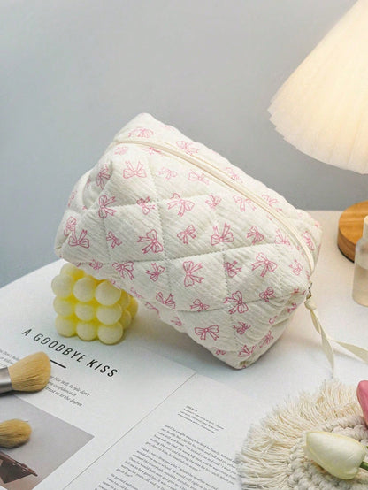 Cute Bow Knot Makeup Bag, Bow Knot Pattern Toiletry Bag, Travel Storage Zipper Pouch, Quilted Makeup Bag, Fashionable Foldable Commuter Makeup Brush Storage Bag, Aesthetic Makeup Bag