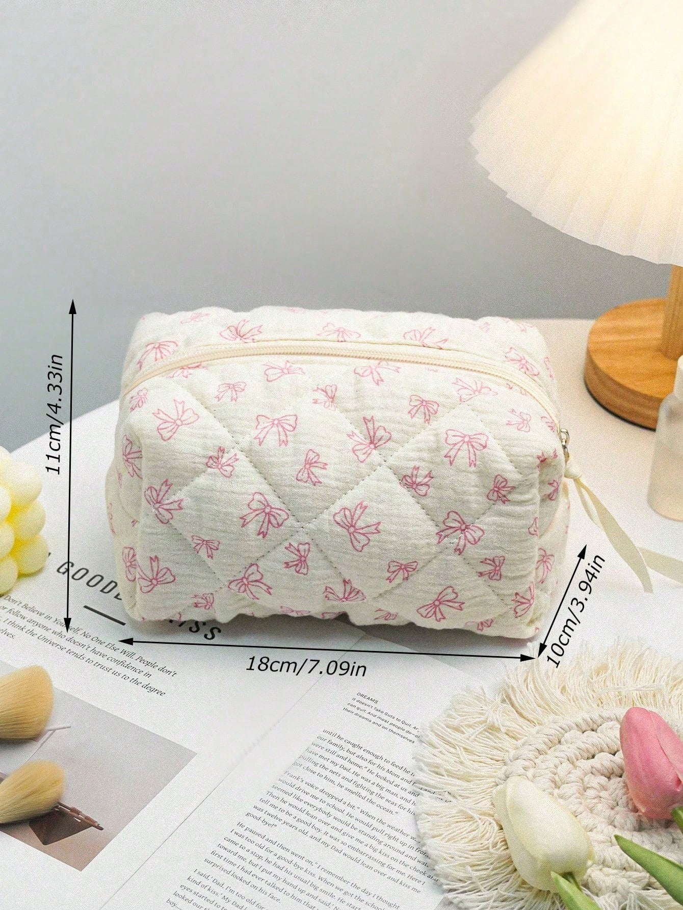 Cute Bow Knot Makeup Bag, Bow Knot Pattern Toiletry Bag, Travel Storage Zipper Pouch, Quilted Makeup Bag, Fashionable Foldable Commuter Makeup Brush Storage Bag, Aesthetic Makeup Bag