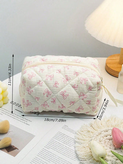 Cute Bow Knot Makeup Bag, Bow Knot Pattern Toiletry Bag, Travel Storage Zipper Pouch, Quilted Makeup Bag, Fashionable Foldable Commuter Makeup Brush Storage Bag, Aesthetic Makeup Bag