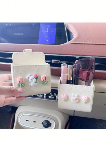 Cute Car Air Vent Storage Bag Car Phone Storage Hanging Bag Car Storage Box (Clips Black White Randomly Sent)
