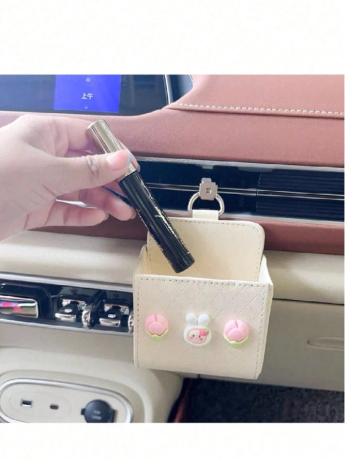 Cute Car Air Vent Storage Bag Car Phone Storage Hanging Bag Car Storage Box (Clips Black White Randomly Sent)