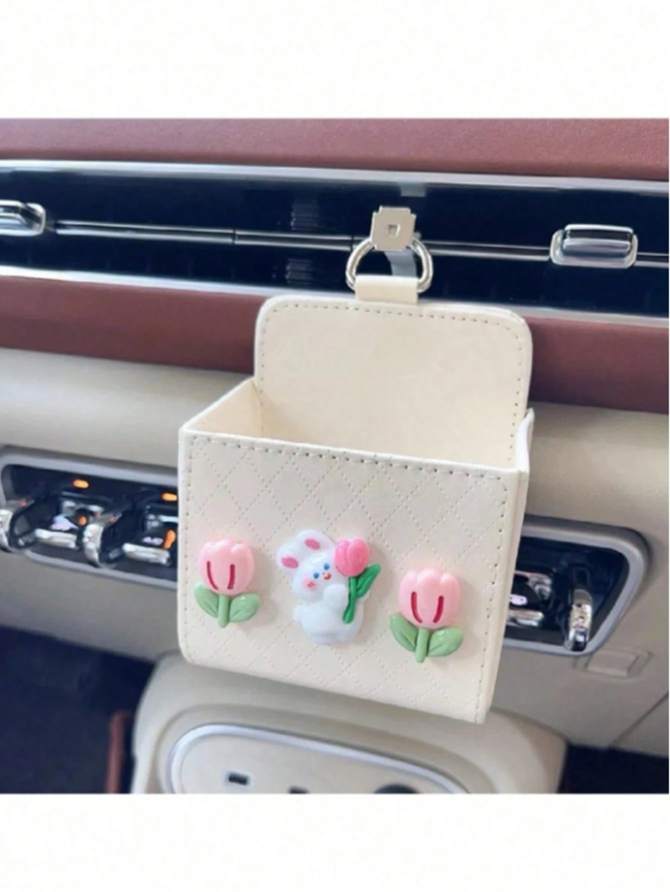Cute Car Air Vent Storage Bag Car Phone Storage Hanging Bag Car Storage Box (Clips Black White Randomly Sent)