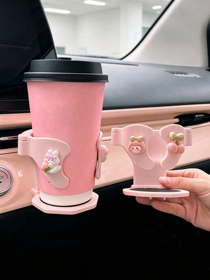 Cute Cartoon Rabbit Car Cup Holder, Air Vent Mount Water Bottle Storage Rack, Adjustable Car Cup & Coffee Mug Holder, Anti-Shake Beverage Cup Holder, Car Interior Decor Accessory