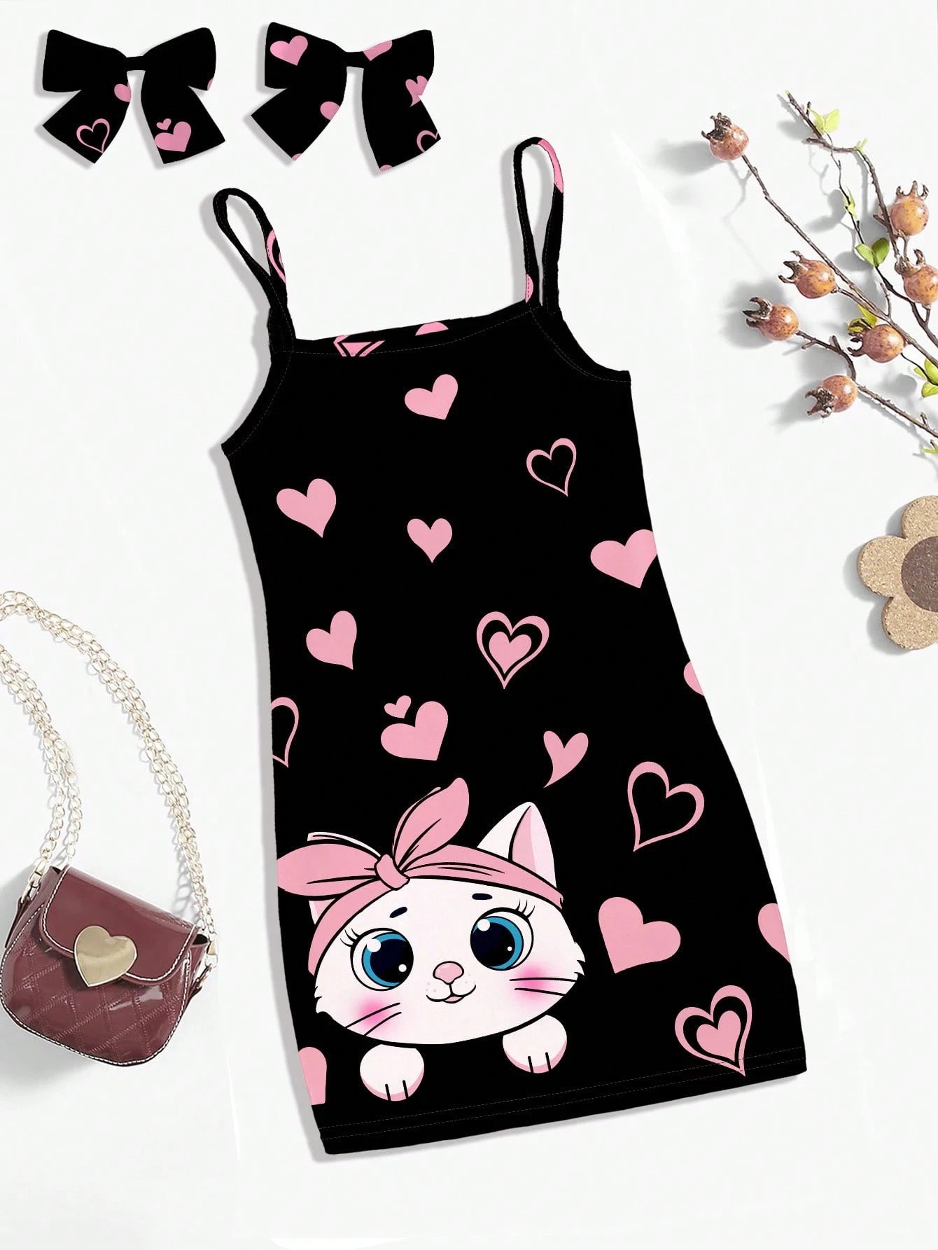 Cute Cat Heart Print Baby Girl Casual Simple Style All-In-One Sundress, Suitable For Summer