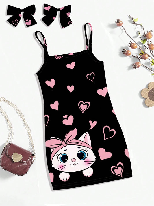 Cute Cat Heart Print Baby Girl Casual Simple Style All-In-One Sundress, Suitable For Summer