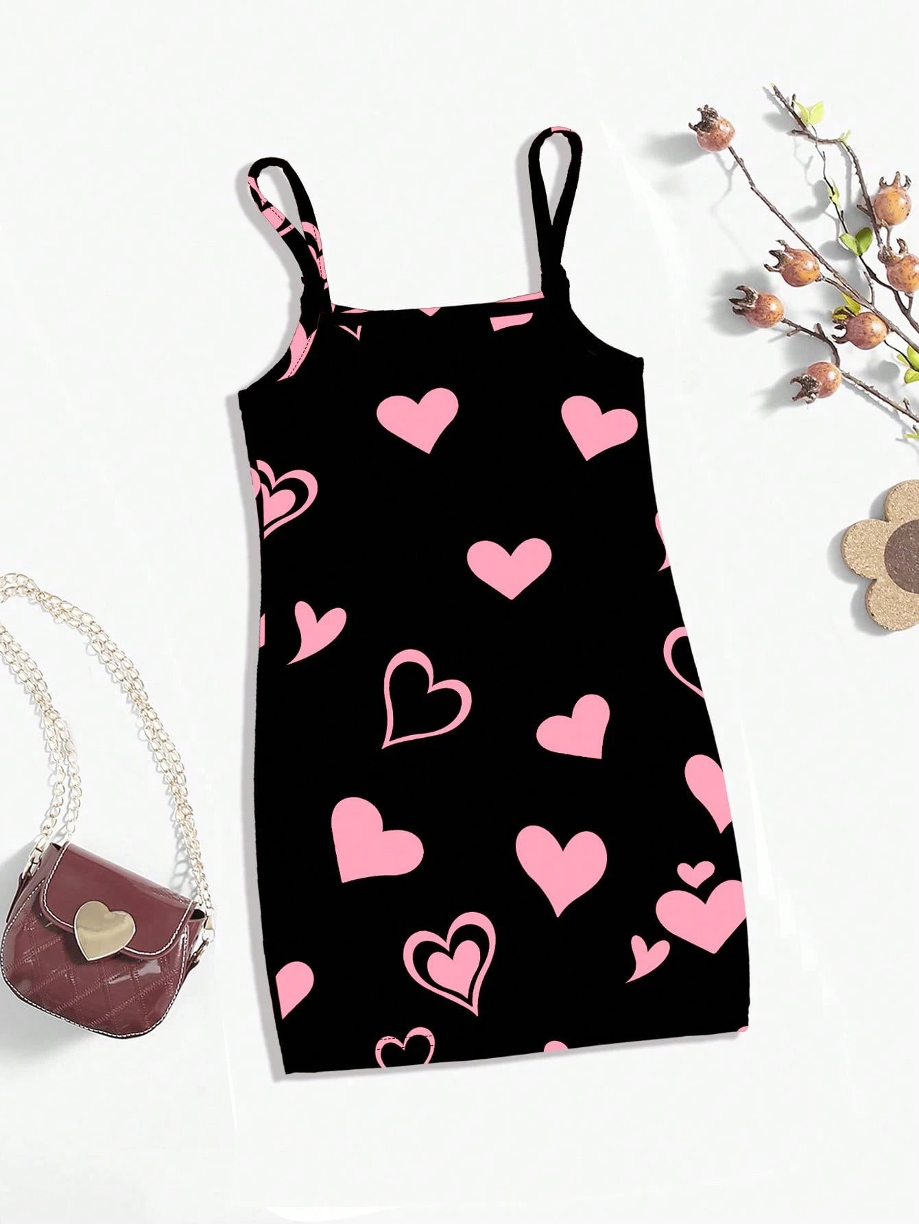 Cute Cat Heart Print Baby Girl Casual Simple Style All-In-One Sundress, Suitable For Summer