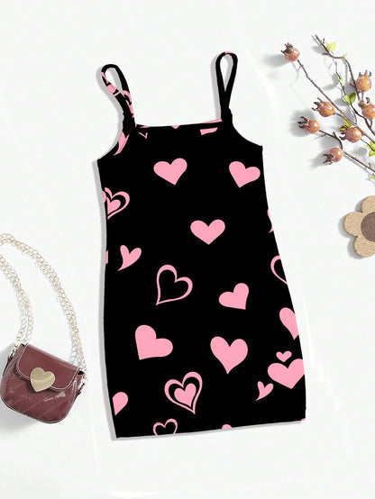 Cute Cat Heart Print Baby Girl Casual Simple Style All-In-One Sundress, Suitable For Summer