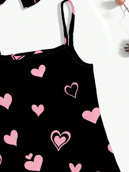 Cute Cat Heart Print Baby Girl Casual Simple Style All-In-One Sundress, Suitable For Summer