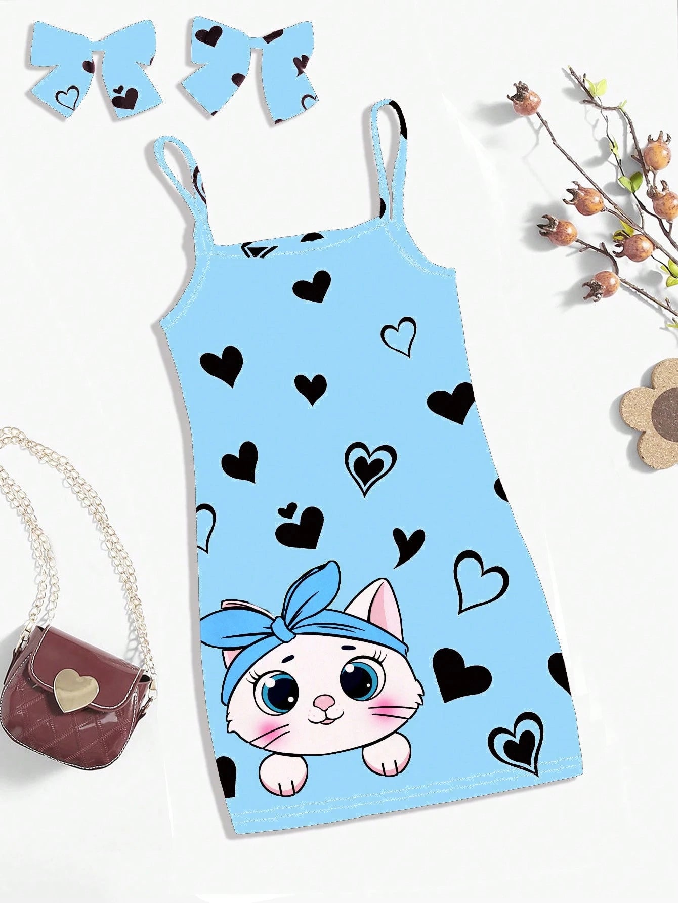 Cute Cat Heart Print Baby Girl Casual Simple Style All-In-One Sundress, Suitable For Summer