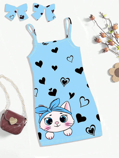 Cute Cat Heart Print Baby Girl Casual Simple Style All-In-One Sundress, Suitable For Summer