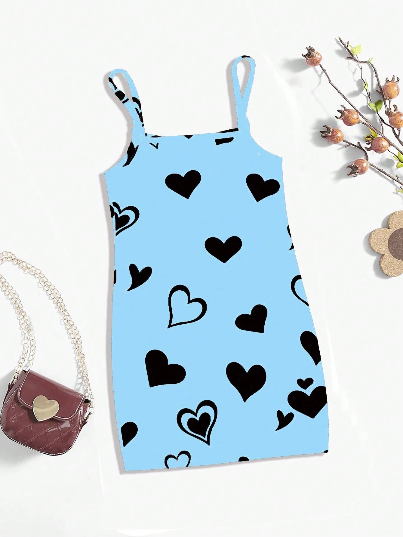 Cute Cat Heart Print Baby Girl Casual Simple Style All-In-One Sundress, Suitable For Summer