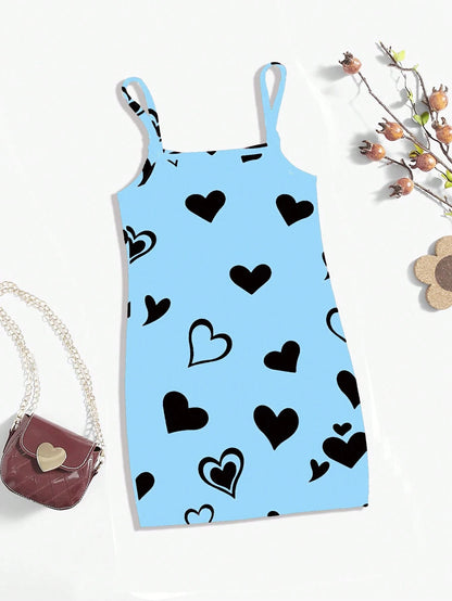 Cute Cat Heart Print Baby Girl Casual Simple Style All-In-One Sundress, Suitable For Summer
