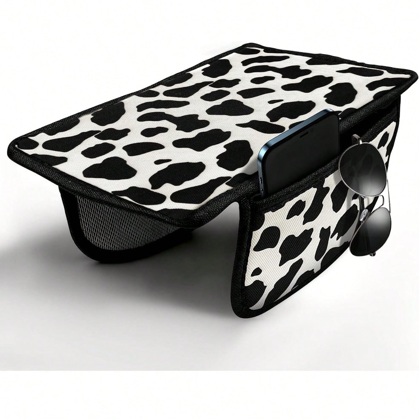 Cute Cow Print Car Armrest Cover With 2 Side Pockets, Aesthetic Soft Center Console Cushion Pad Organizer, Universal Vehicle Interior Decor Accessories For Girls