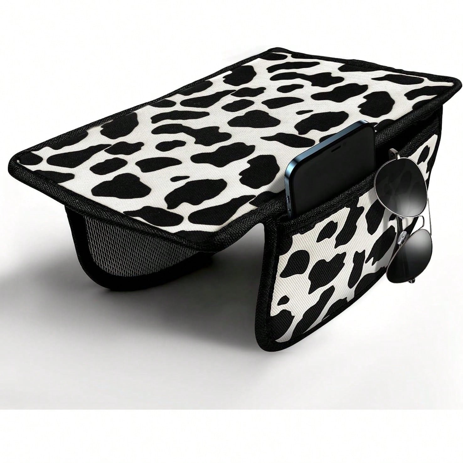 Cute Cow Print Car Armrest Cover With 2 Side Pockets, Aesthetic Soft Center Console Cushion Pad Organizer, Universal Vehicle Interior Decor Accessories For Girls