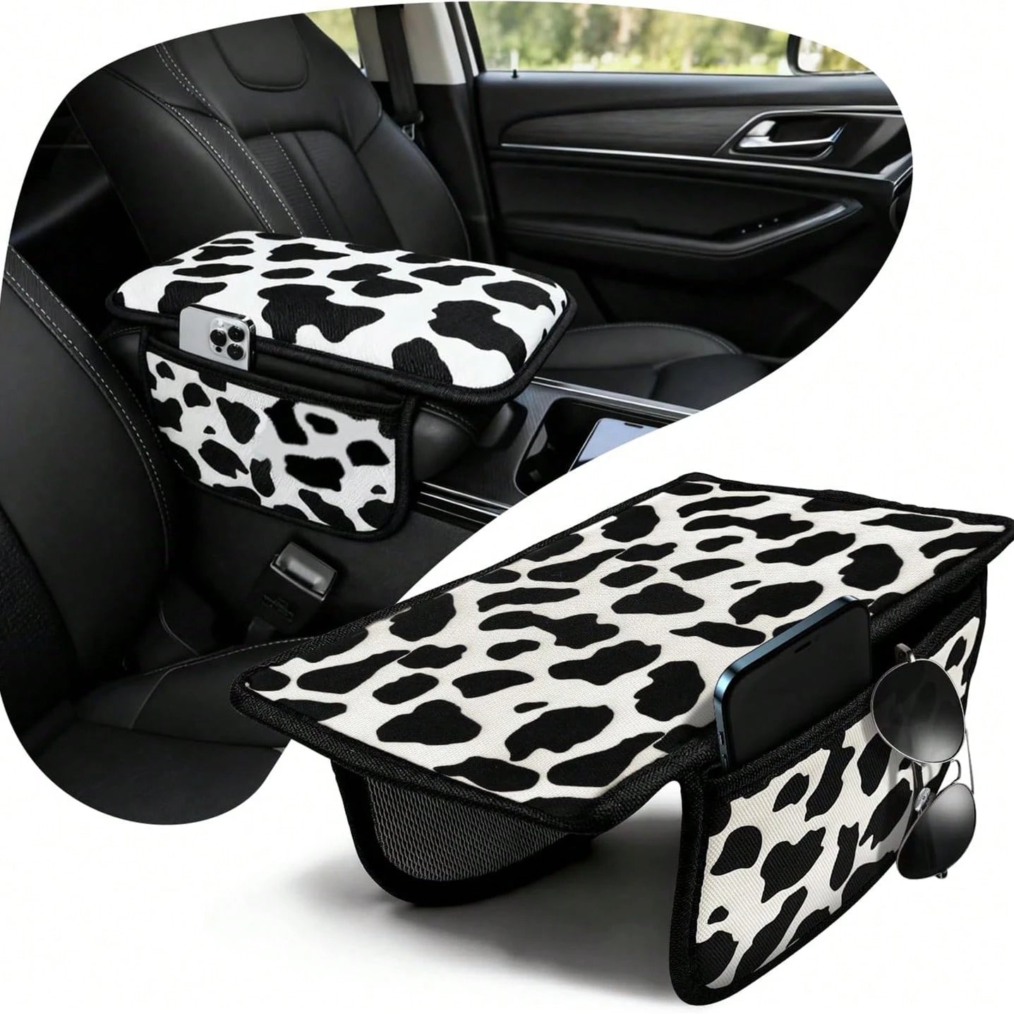 Cute Cow Print Car Armrest Cover With 2 Side Pockets, Aesthetic Soft Center Console Cushion Pad Organizer, Universal Vehicle Interior Decor Accessories For Girls