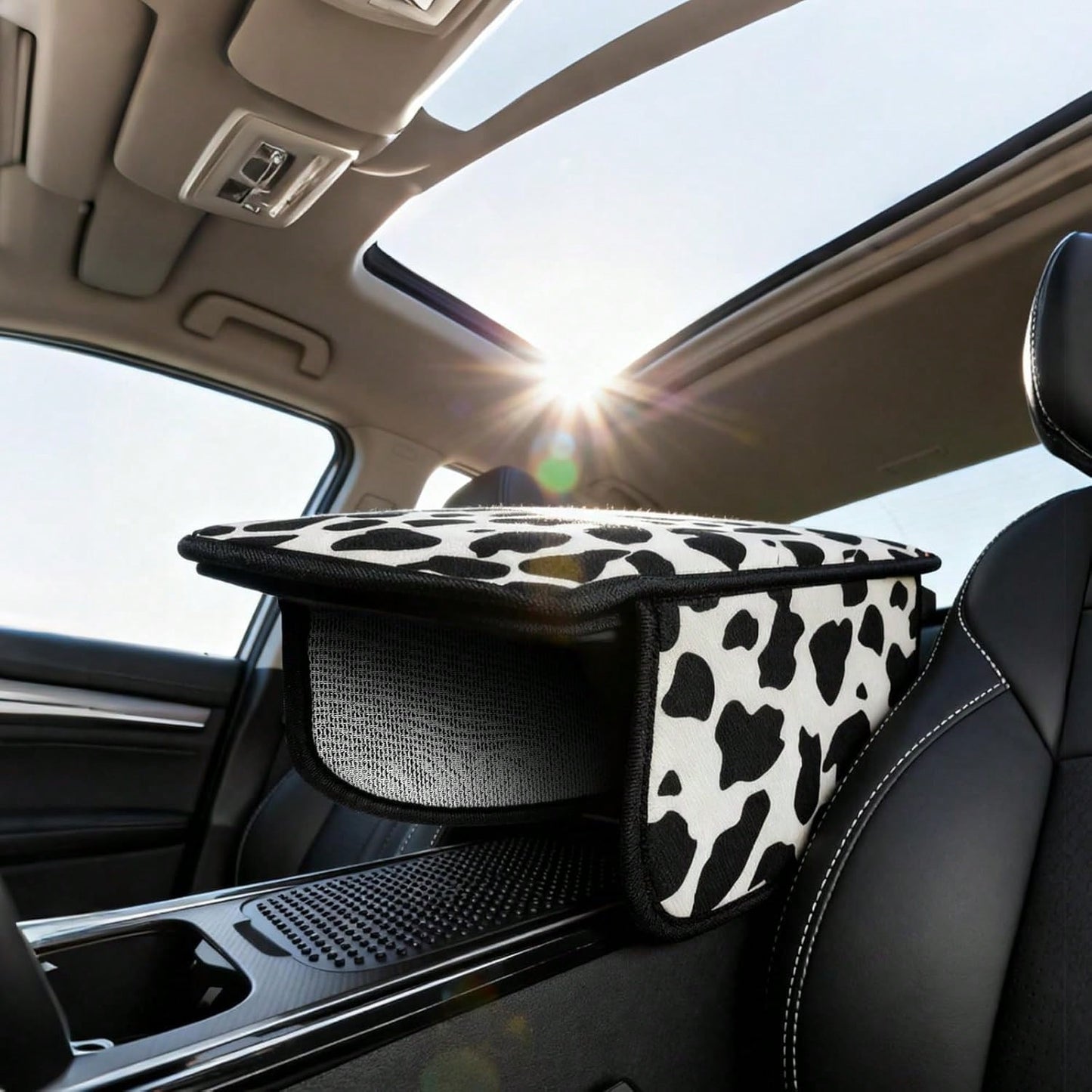 Cute Cow Print Car Armrest Cover With 2 Side Pockets, Aesthetic Soft Center Console Cushion Pad Organizer, Universal Vehicle Interior Decor Accessories For Girls