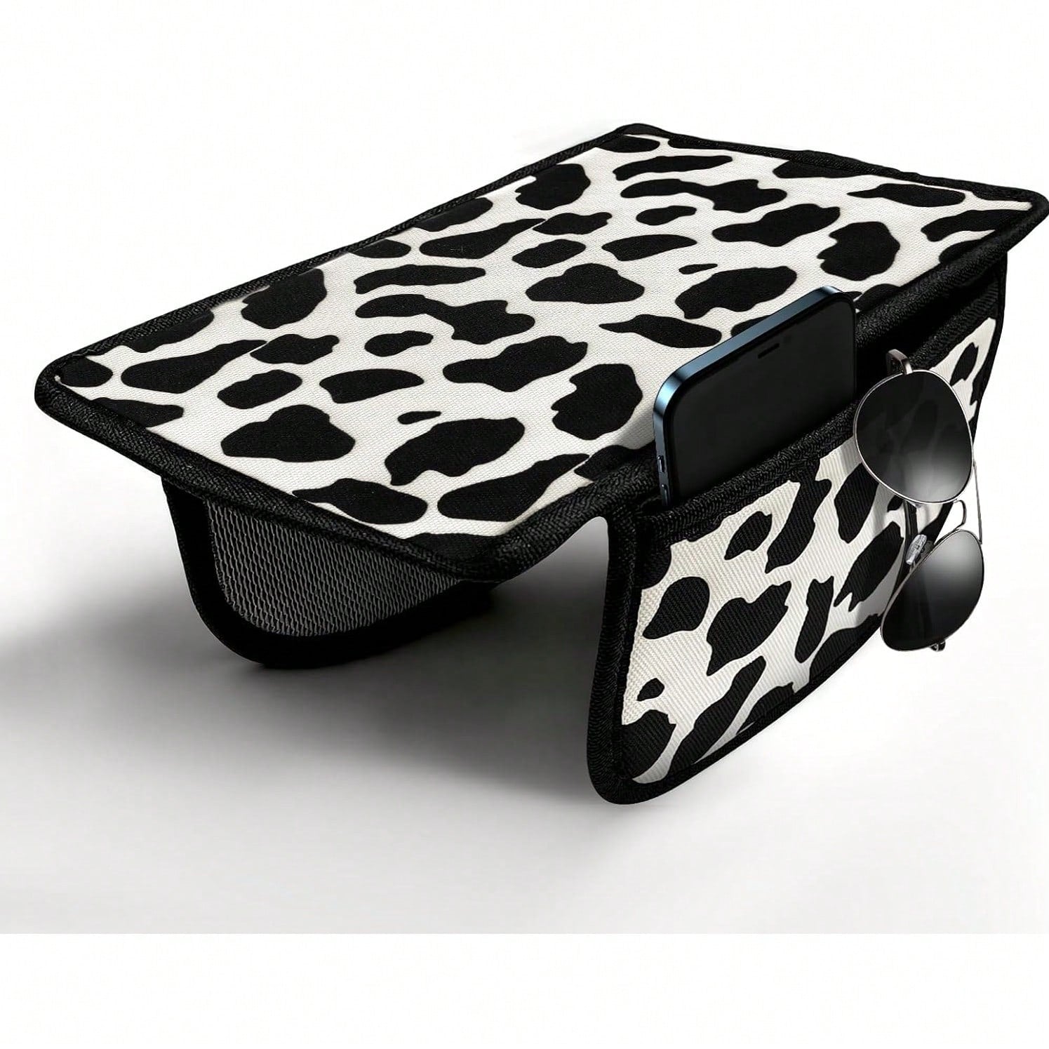 Cute Cow Print Car Armrest Cover With 2 Side Pockets, Aesthetic Soft Center Console Cushion Pad Organizer, Universal Vehicle Interior Decor Accessories For Girls