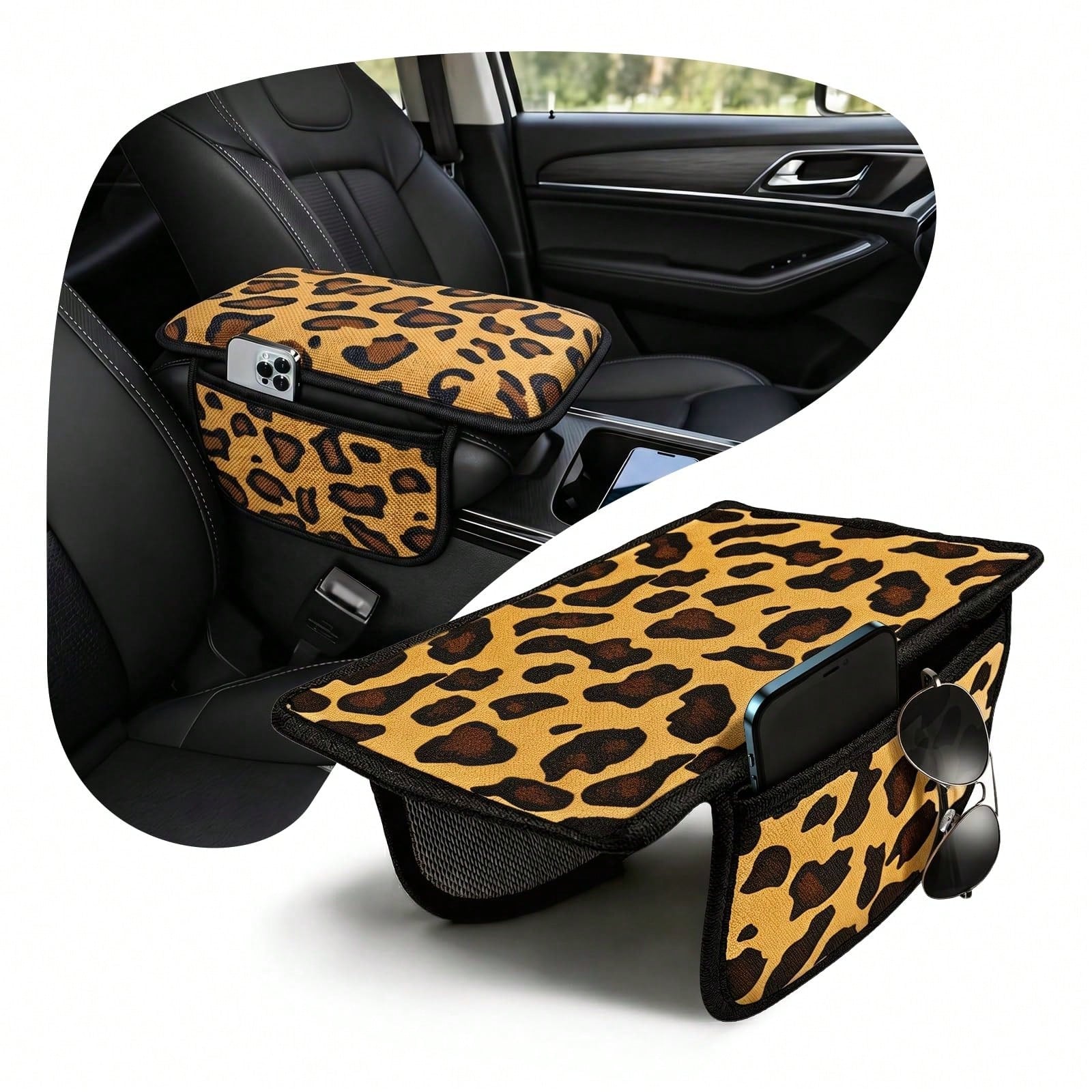 Cute Cow Print Car Armrest Cover With 2 Side Pockets, Aesthetic Soft Center Console Cushion Pad Organizer, Universal Vehicle Interior Decor Accessories For Girls