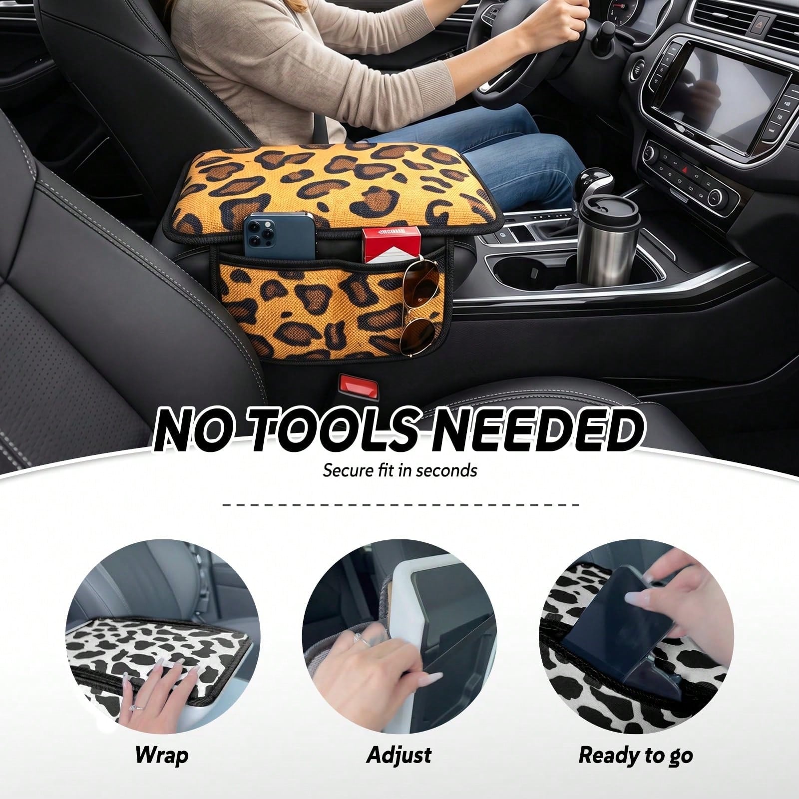 Cute Cow Print Car Armrest Cover With 2 Side Pockets, Aesthetic Soft Center Console Cushion Pad Organizer, Universal Vehicle Interior Decor Accessories For Girls