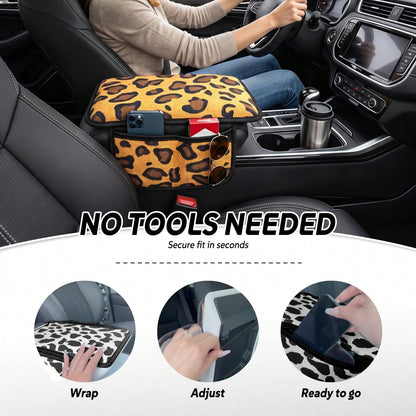 Cute Cow Print Car Armrest Cover With 2 Side Pockets, Aesthetic Soft Center Console Cushion Pad Organizer, Universal Vehicle Interior Decor Accessories For Girls