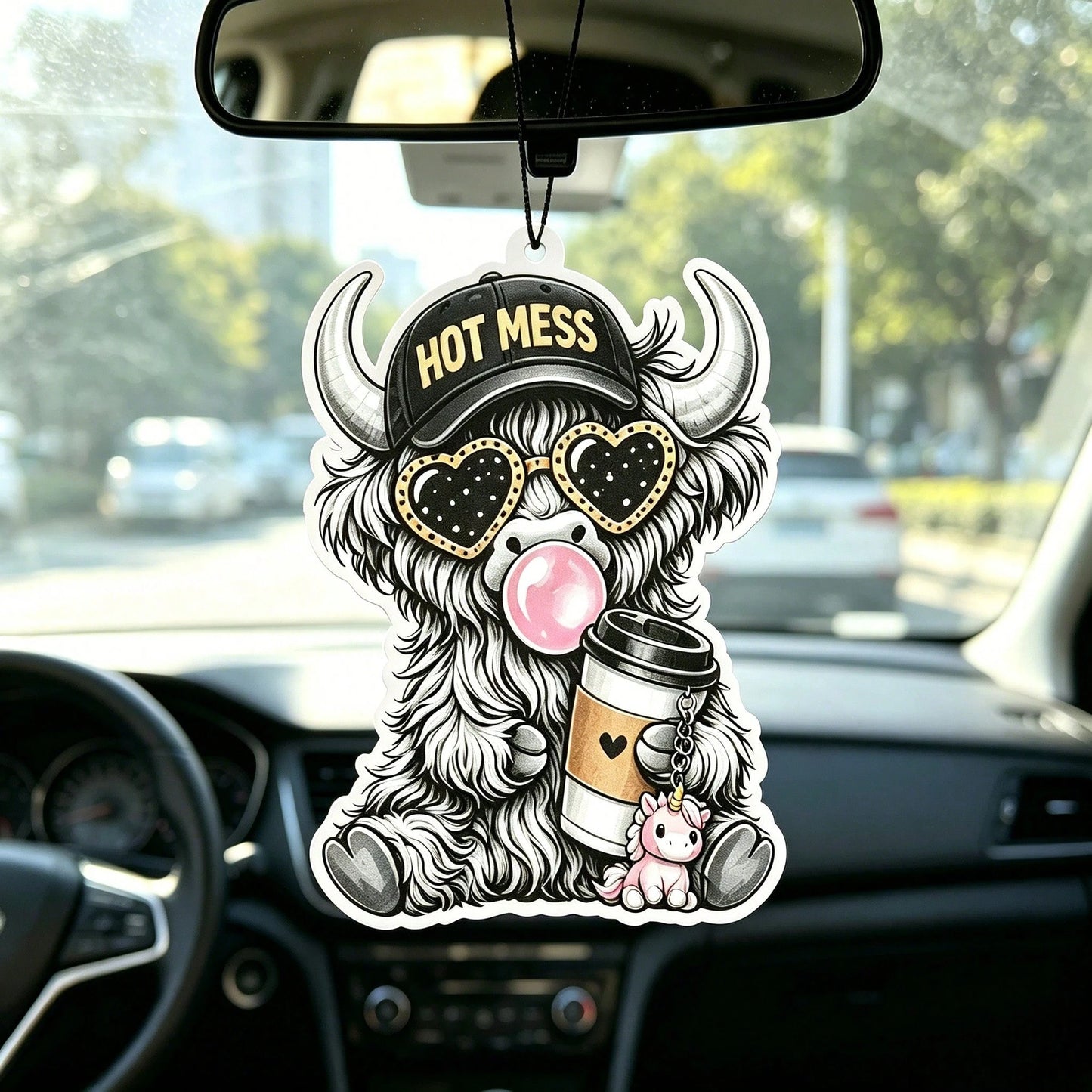 Cute Highland Cow Car Hanging Air Freshener Hot Mess Highland Cow Car Air Freshener, Cute Fluffy Cow Rearview Mirror Hanging Ornament, Western Boho Girly Car Charm, Farmhouse Car Decor, Long Lasting S