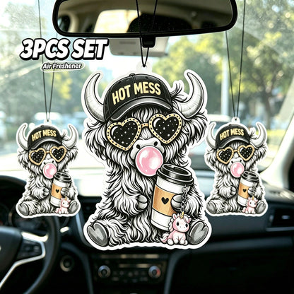 Cute Highland Cow Car Hanging Air Freshener Hot Mess Highland Cow Car Air Freshener, Cute Fluffy Cow Rearview Mirror Hanging Ornament, Western Boho Girly Car Charm, Farmhouse Car Decor, Long Lasting S