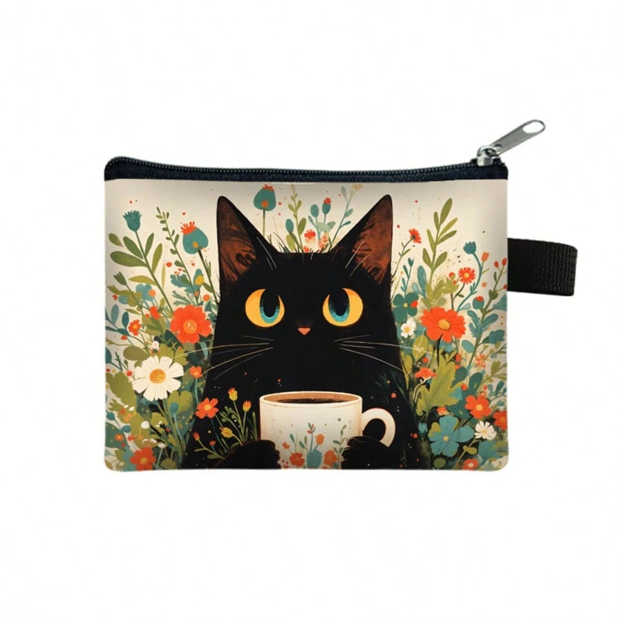 Cute Little Cat Portable Pocket Mini Wallet Zipper Coin Purse Coin Key Bag Cash Credit Card Pouch Travel Back To School Holiday Essential Gift