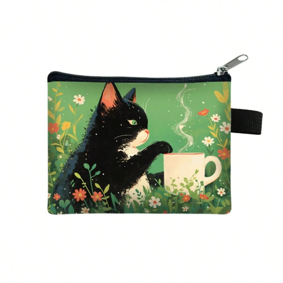 Cute Little Cat Portable Pocket Mini Wallet Zipper Coin Purse Coin Key Bag Cash Credit Card Pouch Travel Back To School Holiday Essential Gift