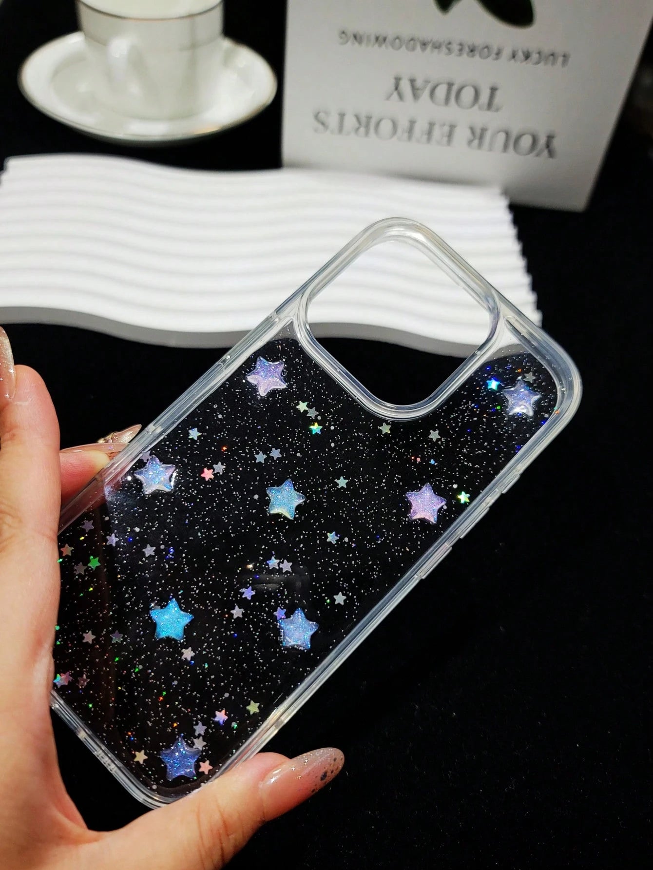 Cute Minimalist Star Element Black Glitter Fashion Phone Cases Cute Minimalist Star Element Fashion Luminous Glitter Transparent Phone Case Compatible With Apple 16, 16e, 15, 14, 13, 12, 11 Pro Max, M