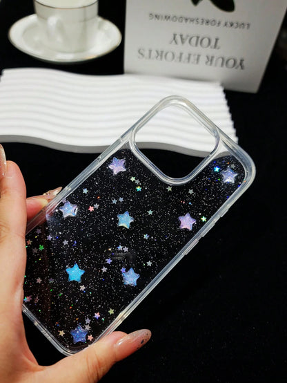 Cute Minimalist Star Element Black Glitter Fashion Phone Cases Cute Minimalist Star Element Fashion Luminous Glitter Transparent Phone Case Compatible With Apple 16, 16e, 15, 14, 13, 12, 11 Pro Max, M