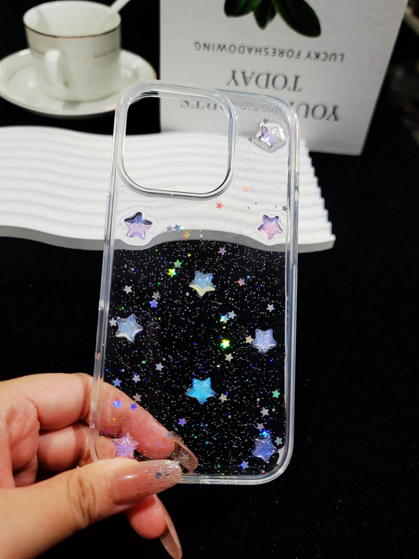 Cute Minimalist Star Element Black Glitter Fashion Phone Cases Cute Minimalist Star Element Fashion Luminous Glitter Transparent Phone Case Compatible With Apple 16, 16e, 15, 14, 13, 12, 11 Pro Max, M
