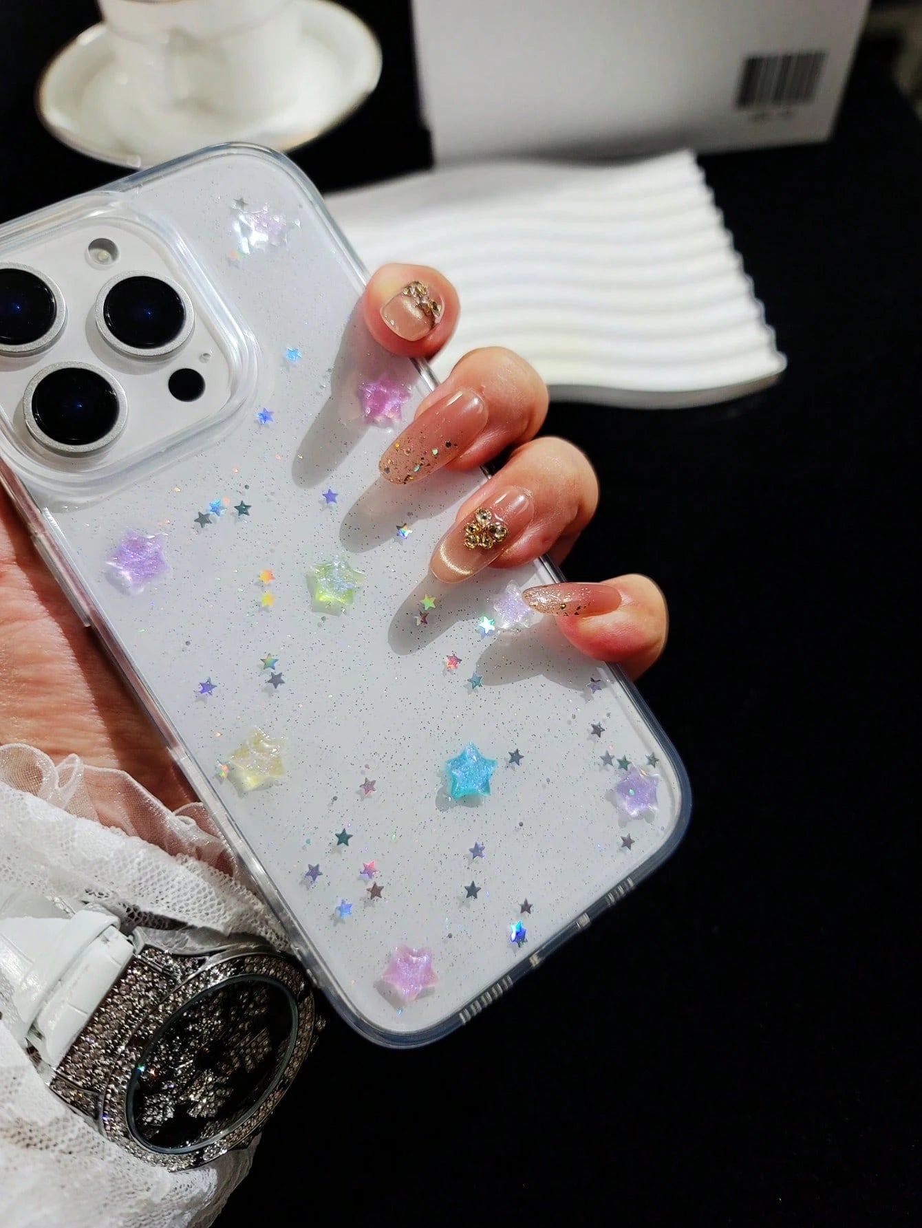 Cute Minimalist Star Element Black Glitter Fashion Phone Cases Cute Minimalist Star Element Fashion Luminous Glitter Transparent Phone Case Compatible With Apple 16, 16e, 15, 14, 13, 12, 11 Pro Max, M