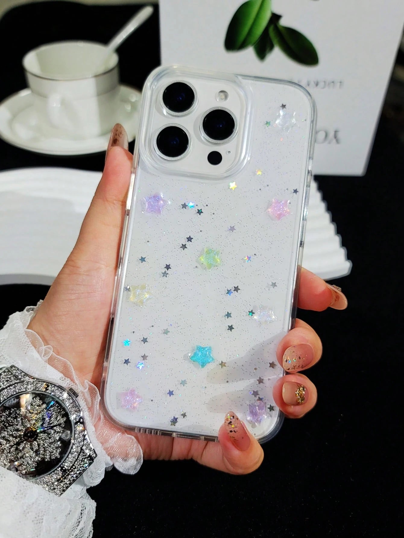 Cute Minimalist Star Element Black Glitter Fashion Phone Cases Cute Minimalist Star Element Fashion Luminous Glitter Transparent Phone Case Compatible With Apple 16, 16e, 15, 14, 13, 12, 11 Pro Max, M