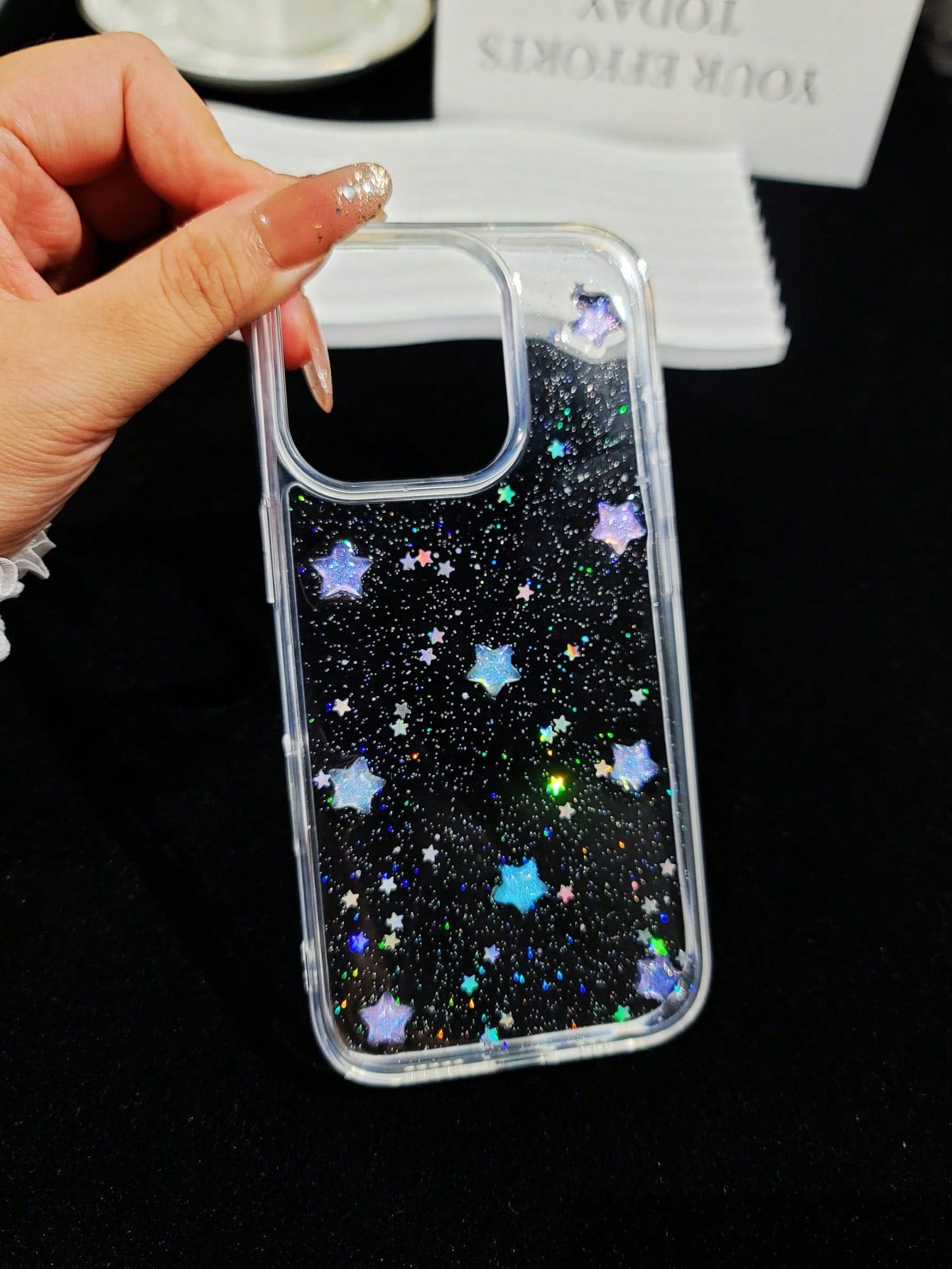 Cute Minimalist Star Element Black Glitter Fashion Phone Cases Cute Minimalist Star Element Fashion Luminous Glitter Transparent Phone Case Compatible With Apple 16, 16e, 15, 14, 13, 12, 11 Pro Max, M
