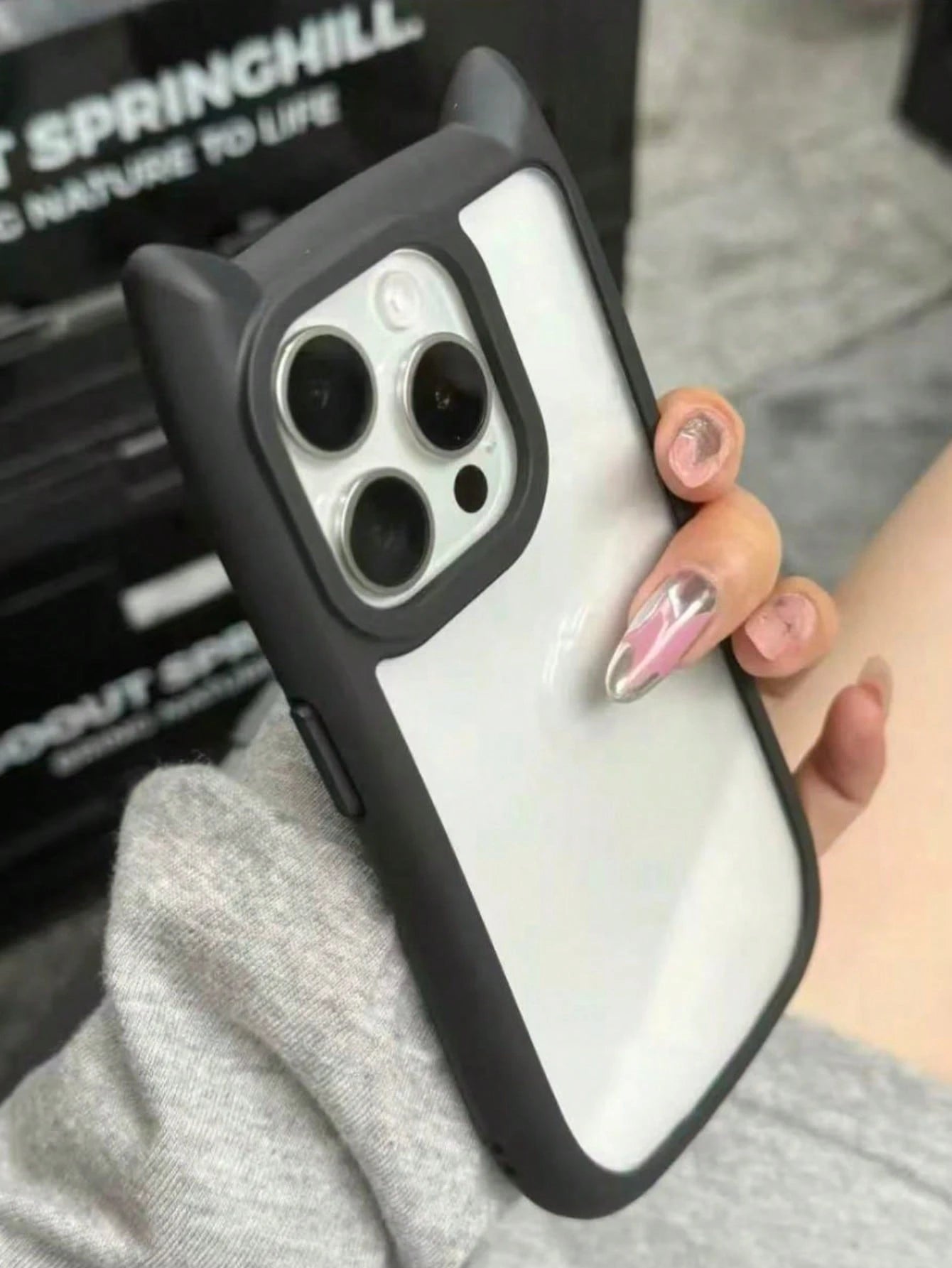 Cute Pink Black Animal Ear Style Novelty Case Transparent Acrylic Backplate 3D Cute Cat Ear (Steamed Bun Cat Ear Shaped) Phone Case Anti-Pollution Anti-Drop Anti-Fingerprint Compatible With IPhone 11