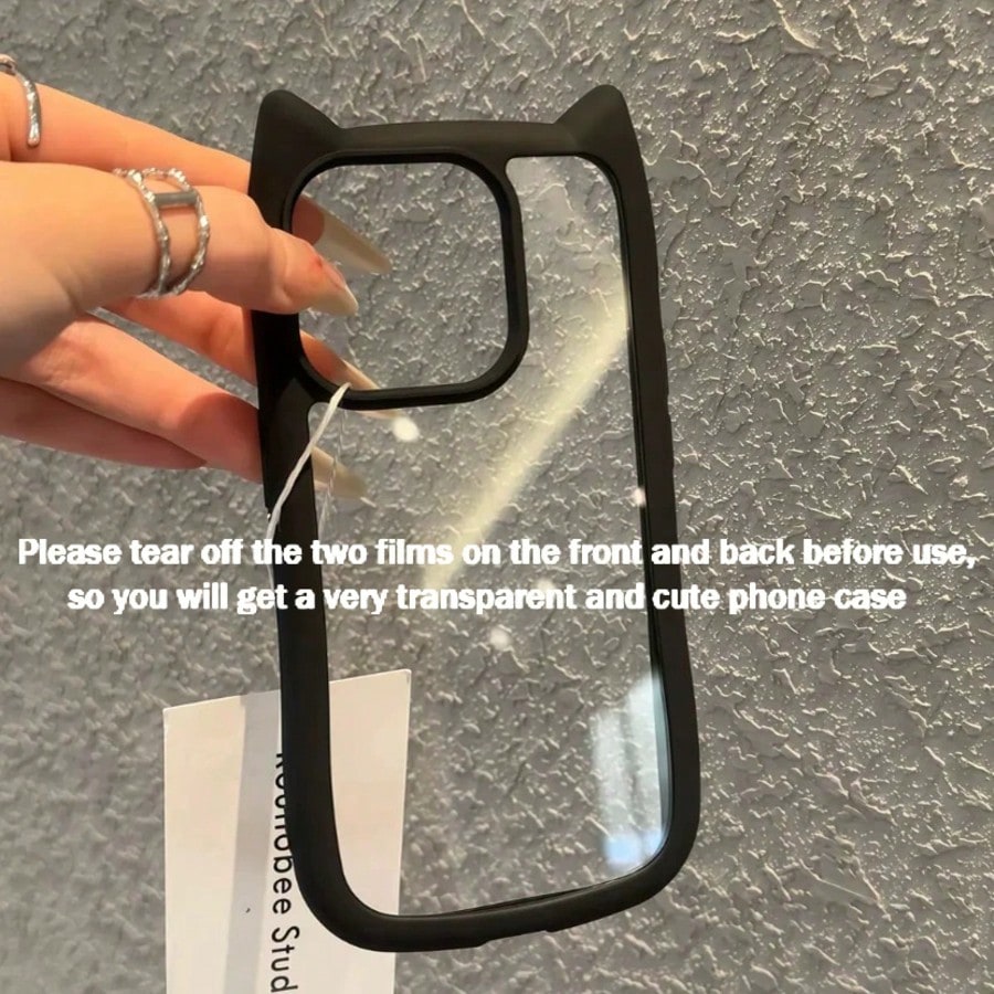 Cute Pink Black Animal Ear Style Novelty Case Transparent Acrylic Backplate 3D Cute Cat Ear (Steamed Bun Cat Ear Shaped) Phone Case Anti-Pollution Anti-Drop Anti-Fingerprint Compatible With IPhone 11