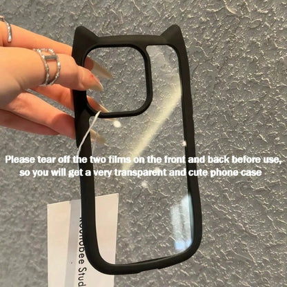 Cute Pink Black Animal Ear Style Novelty Case Transparent Acrylic Backplate 3D Cute Cat Ear (Steamed Bun Cat Ear Shaped) Phone Case Anti-Pollution Anti-Drop Anti-Fingerprint Compatible With IPhone 11